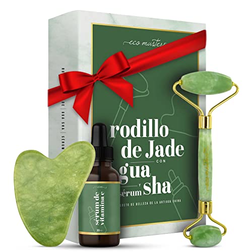 Rodillo de Jade, Masajeador Facial Con Sérum De Ácido Hialurónico, Vitamina C y Colágeno - Rodillo doble Antienvejecimiento, Sérum 30ml Hidratante Antiedad, Rejuvenece Piel De La Cara Cuello y Cuerpo