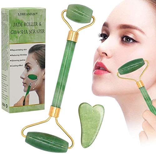 Rodillo de jade para la cara, rodillo de jade y masaje Gua Sha para hinchazón de los ojos, para reafirmar la piel, rejuvenecer la cara y el cuello, rodillo de jade natural