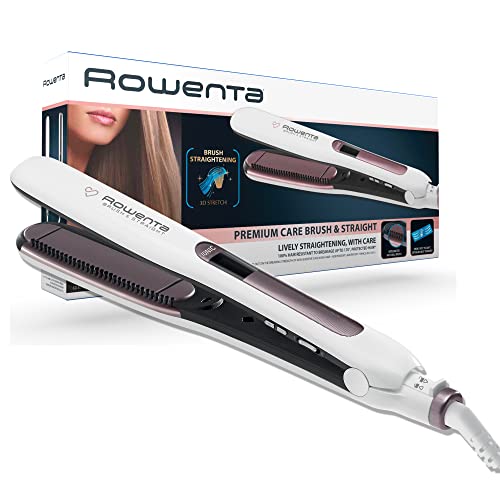 Rowenta Premium Care Brush & Straight SF7510F0 - Plancha de pelo con cepillo integrado para alisado natural con volumen, función iónica, recubrimiento de cashmere Keratin con aceite de argán