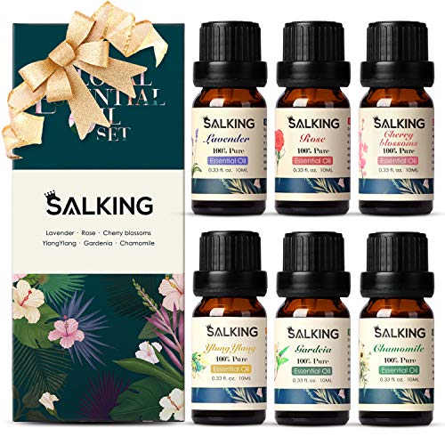 SALKING Aceites Esenciales Naturales para Humidificador,6 x 10 ml Flores Aceites Esenciales Aromaterapia 100% Puro Natural-Lavanda,Rosa, Flor de cerezo, Ylang Ylang, Gardenia, Manzanilla