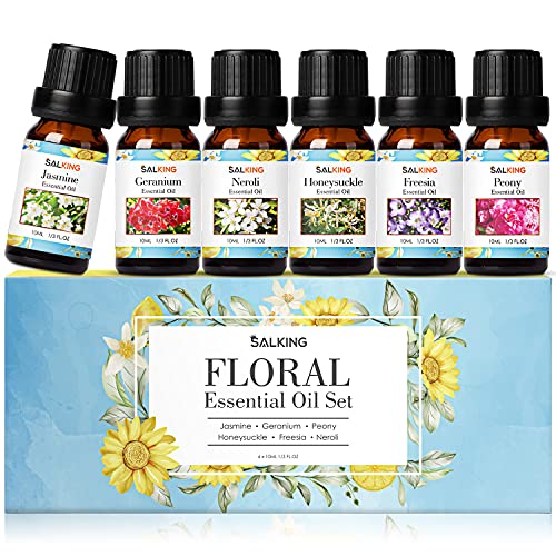 SALKING Flores Aceites Esenciales para Humidificador Difusor 6 x 10 ml,100% Puro Aceites Esenciales Naturales Aceite Perfumado - Jazmín, Neroli, Madreselina, Peonía, Geranio, Fresia