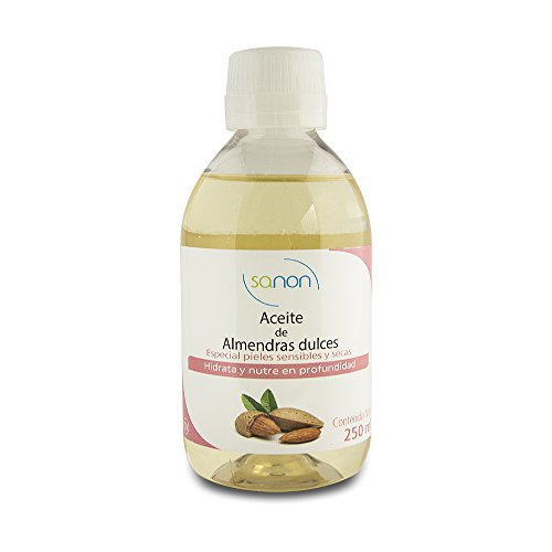 SANON Aceite De Almendras Dulces - 100% Puro, Natural, Prensado En Frío | Equilibra La Piel, Hidrata Cabello, Cuerpo Y Uñas | Aceite Esencial Para Masajes | Bote, Dorado, Almond, 250 Mililitro