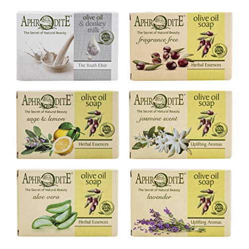 Set de jabón de aceite de oliva APHRODITE - Colección de 6 piezas - Jabones naturales con aceite de oliva griego 100% puro - Para pieles secas y sensibles - Ayuda a aliviar los problemas de la piel