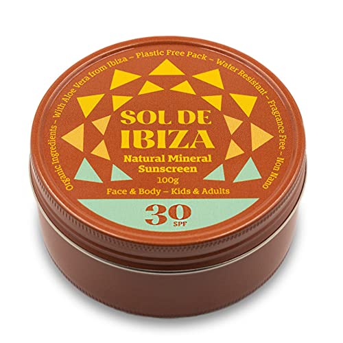 Sol De Ibiza Plastic Free - Protector Solar Mineral Natural SPF30 - Cara & Cuerpo - Ingredientes Naturales - Óxido de Zinc Non Nano - Vegano - Resistente al agua - Adultos & Niños - 100g