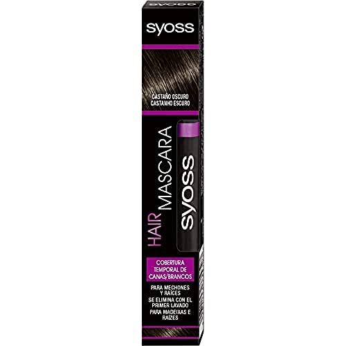 SYOSS Hair Mascara, Cepillo Cubrecanas Retoca Raíces, Tono Castaño Oscuro, Fácil Aplicación - 16ml