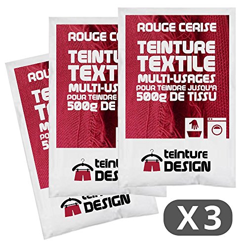 Teinture Design - Juego de 3bolsas de tinte textil, color rojo cereza, tinte universal para ropa y telas naturales