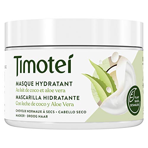 Timotei mascarilla hidratante para cabello seco con leche de coco y aloe vera; con desenredantes de origen vegetal, 98% ingredientes de origen natural y sin siliconas, 300ml