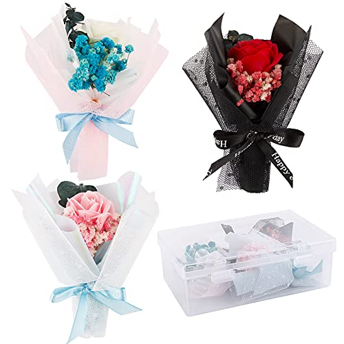 UFLF 3pcs Mini Flores Artificiales Rosas de Jabón+Flores Secas Naturales Pequeñas Preservadas con Gasa para Regalos Cumpleaños Amigos Familiares Decoración Hogar Cafetería