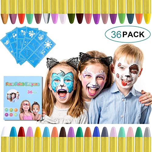 URAQT Crayones de Pintura Facial,Juego de Pintura Facial de 36 colores Para Niños para el Cuerpo con 30 Plantillas de Pintura, Perfecto para Halloween/Navidad/Cosplay de maquillaje