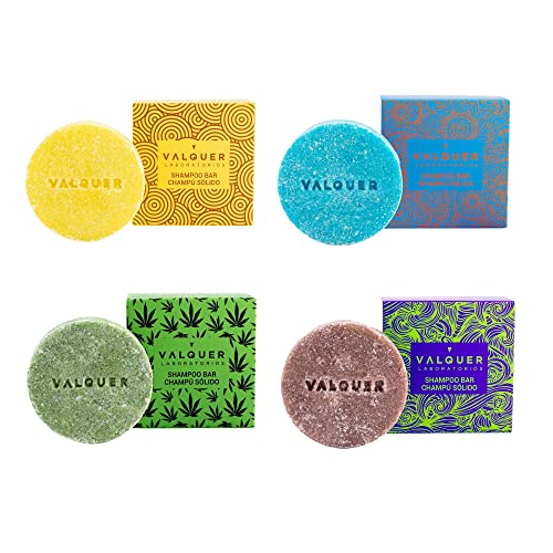 Válquer Pack Champús Sólidos Exóticos (Arándano y Aguacate, Naranja y Papaya, y Canela, Cannabis), Vegano, 93% Origen Natural, Limón, 4 x 50g, 200 g