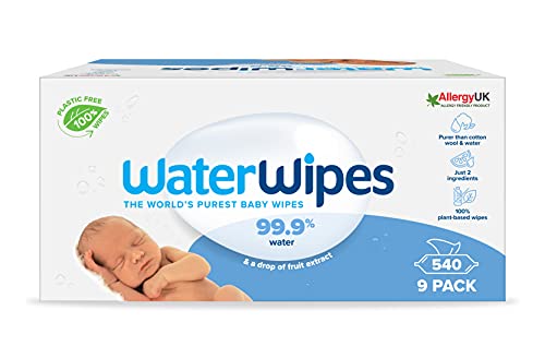 WaterWipes Toallitas de bebé (9 x 60 unidades), las toallitas húmedas más puras para pieles suaves de bebés, toallitas limpiadoras compostables 100% de origen vegetal – 540 toallitas
