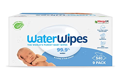 WaterWipes Toallitas de bebé (9 x 60 unidades), las toallitas húmedas más puras para pieles suaves de bebés, toallitas limpiadoras compostables 100% de origen vegetal  540 toallitas