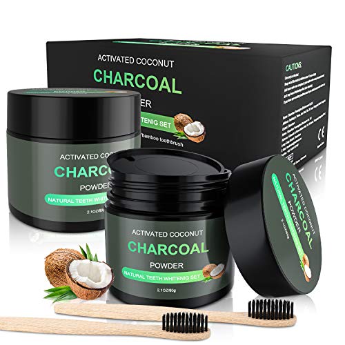 WOSTOO Polvo de Dientes, Polvo de Blanqueamiento de Carbón Activado Natural 2*80g+2 cepillos de bambú Teeth Whitening Powder Mejora la Salud Oral para Blanquear Dientes Sensibles Rápida, Eficazmente