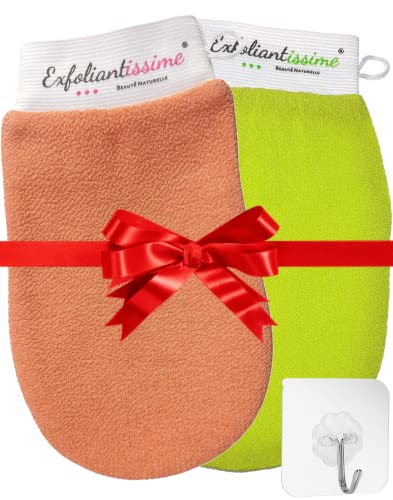 X2 Guantes Exfoliantes para Cara, Cuerpo + Gancho GRATIS: Guantes Exfoliantes, de Crin, Kessa, Anticelulíticos para Mujer y Hombre para una Exfoliación Natural, Ecológica de las células muertas