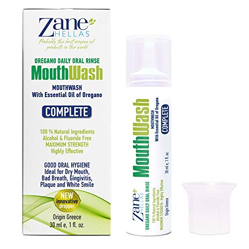 Zane Hellas MouthWash.Enjuague bucal con aceite de orégano.Ideal para la gingivitis, la placa, la boca seca y el mal aliento.Libre de alcohol y flúor. Solución 100% Herbal.1fl.oz-30 m