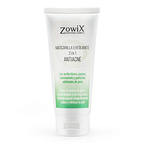 Zowix. Tratamiento antiacne 2 en 1. Peeling para el acne facial, Exfoliante natural con microparticulas de arroz y mascarilla purificante de arcilla blanca. 100 ml.